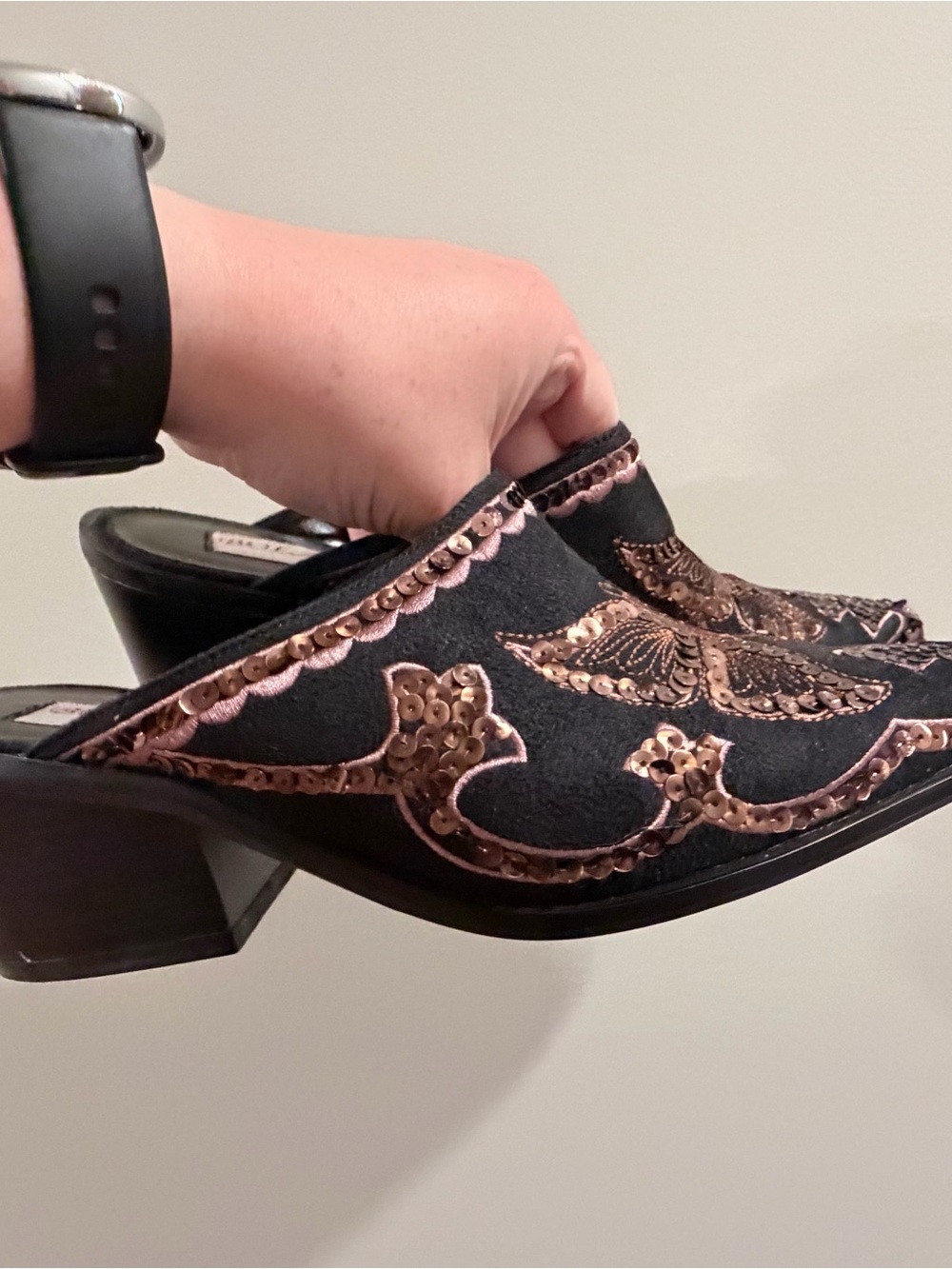Western boot style Sequin Butterfly Black Pointed-Toe Mules